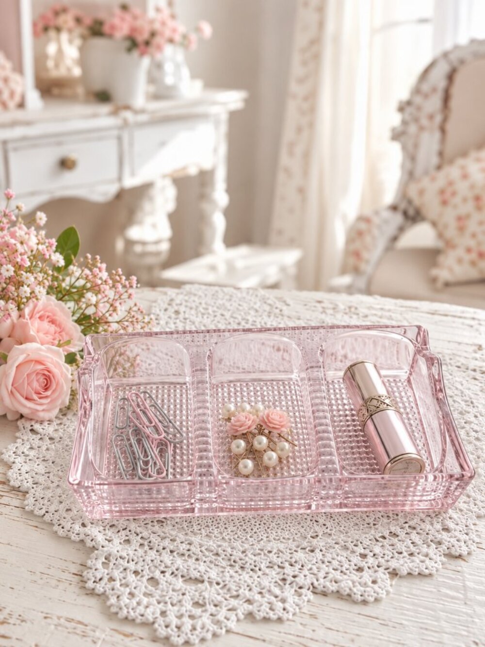 Vintage 1915 Paragon Pink Lilac Crystal Glass Triple Pen & Inkwell Desk Tidy